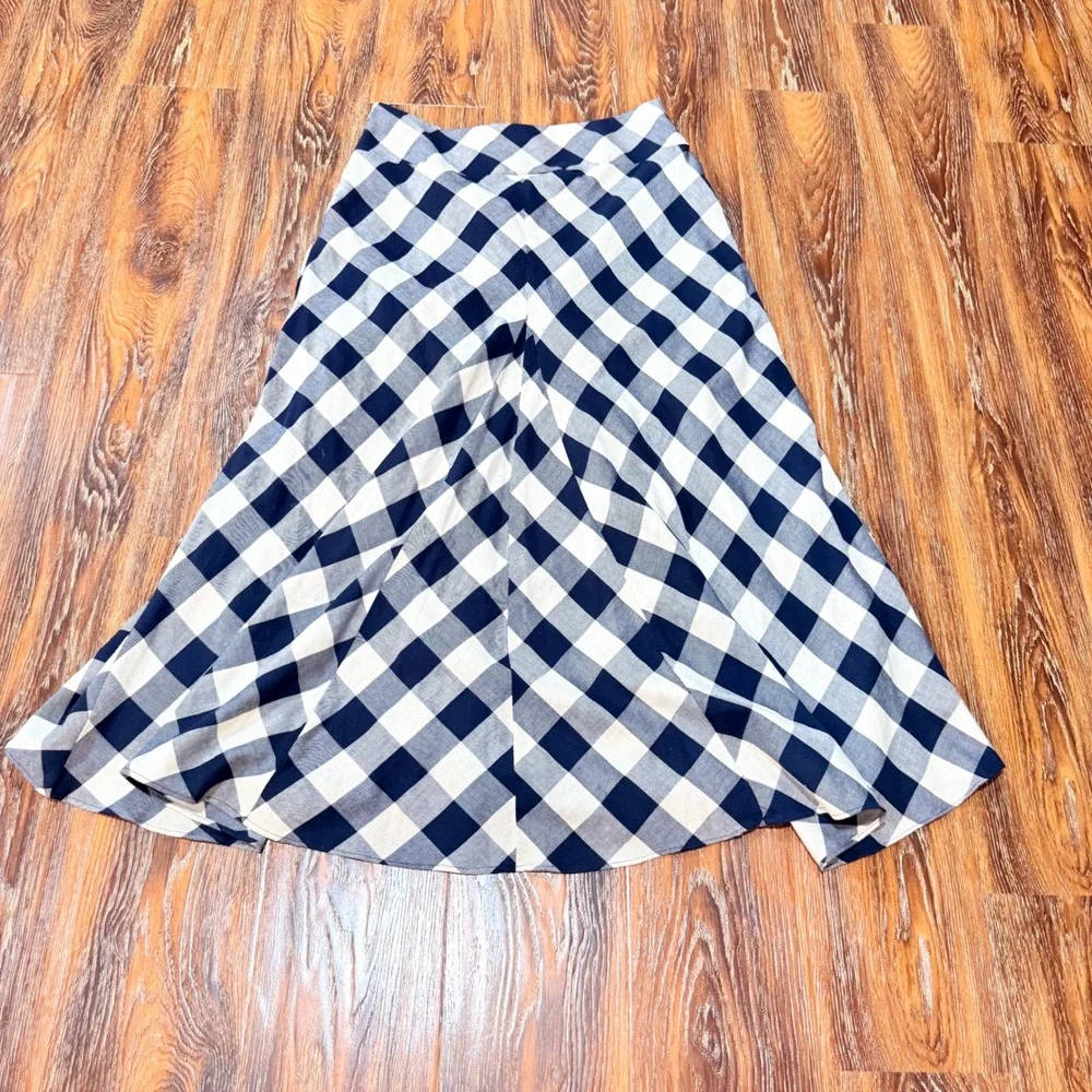 Ralph Lauren Navy Gingham Ruffle Front Midi Skirt Blue White Size 8 M Plaid - Picture 2 of 7